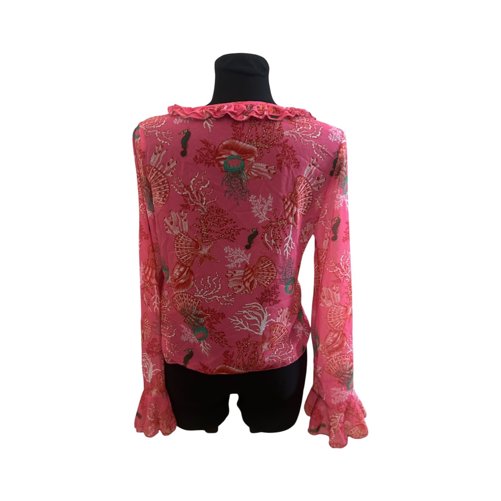 Shein Bluse Damen Gr M Pink Rosa Muster Trompetenärmel V-Ausschnitt Chiffon