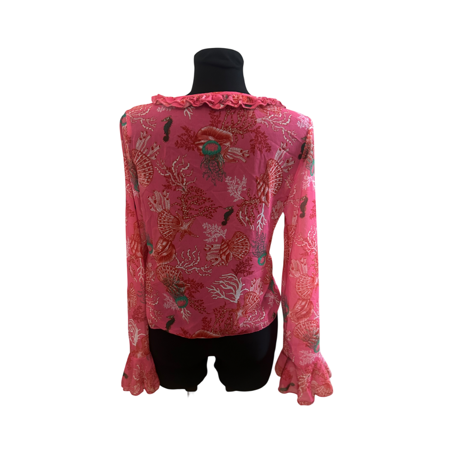 Shein Bluse Damen Gr M Pink Rosa Muster Trompetenärmel V-Ausschnitt Chiffon