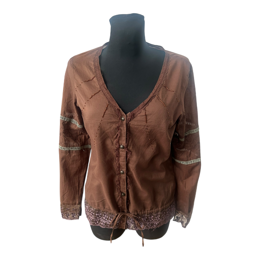 Only Damen Bluse Gr 38 Braun V-Ausschnitt Spitze Baumwolle Langarm Boho
