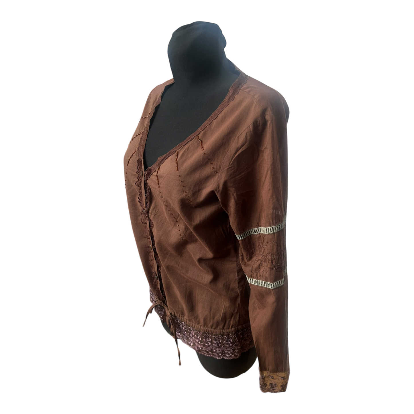 Only Damen Bluse Gr 38 Braun V-Ausschnitt Spitze Baumwolle Langarm Boho