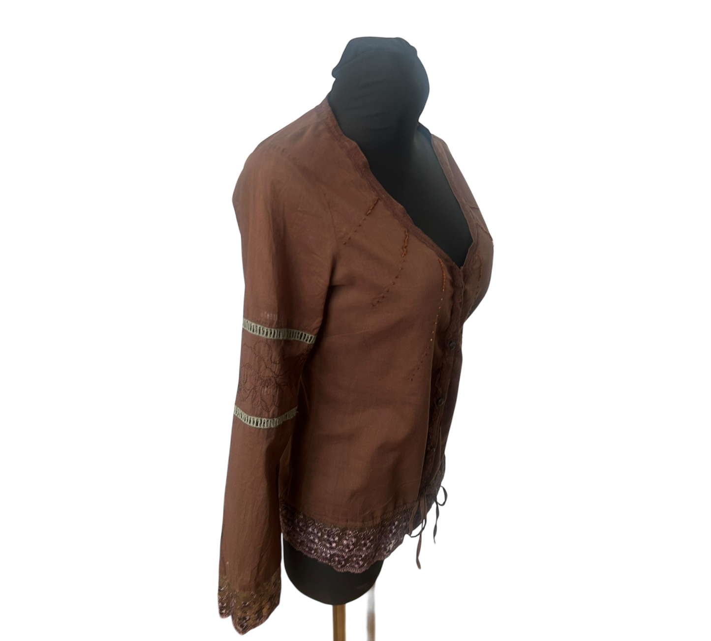 Only Damen Bluse Gr 38 Braun V-Ausschnitt Spitze Baumwolle Langarm Boho