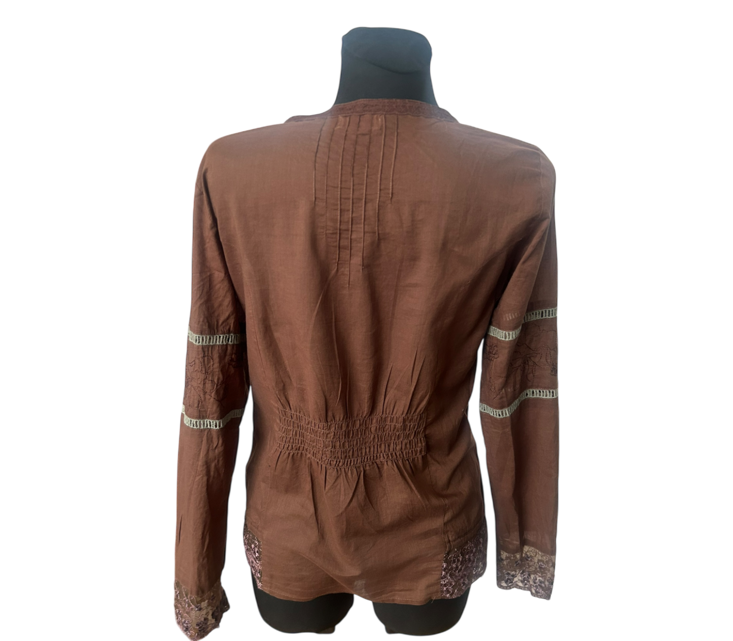 Only Damen Bluse Gr 38 Braun V-Ausschnitt Spitze Baumwolle Langarm Boho