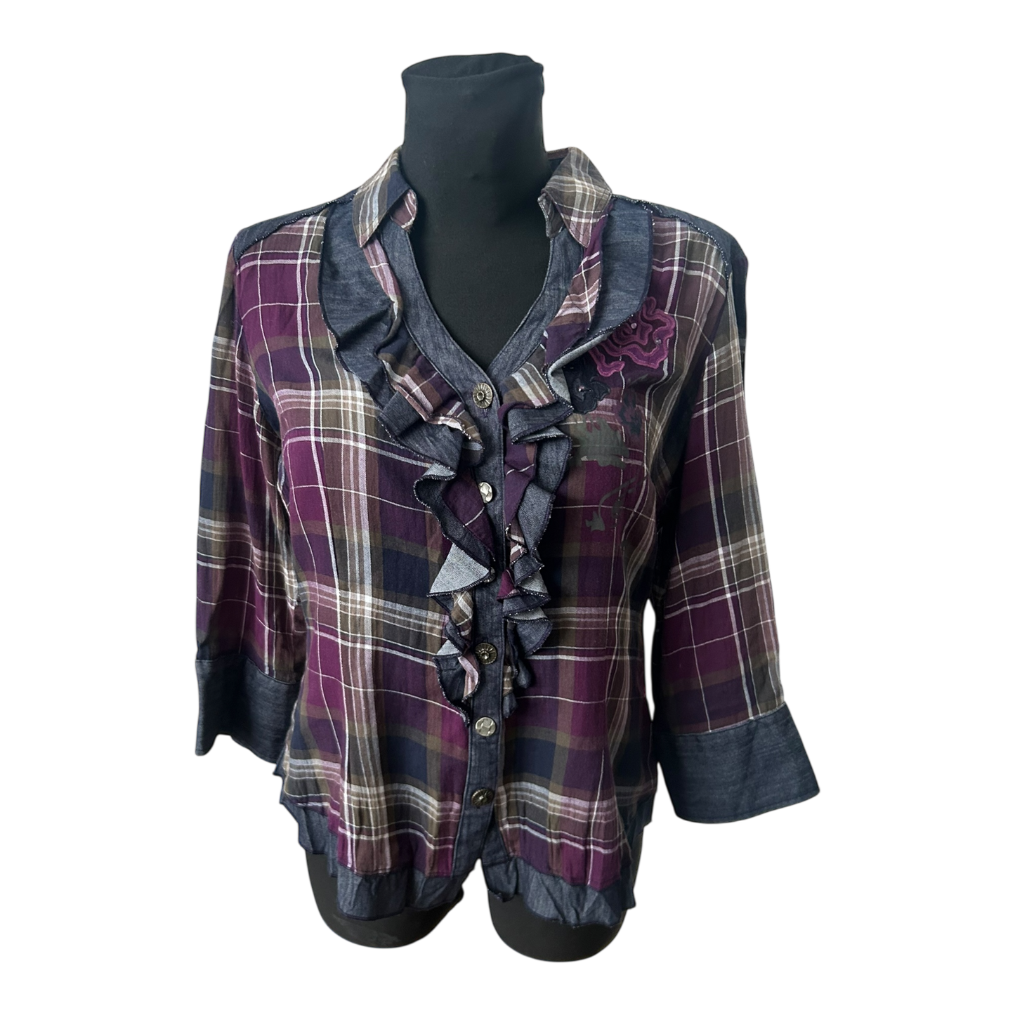 Biba Bluse Damen Gr 38 Karo Rüschen Volant 3/4 Arm Baumwollmix Elegant