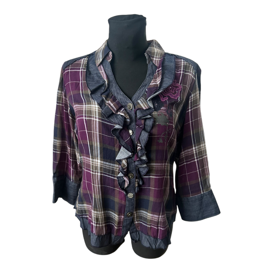 Biba Bluse Damen Gr 38 Karo Rüschen Volant 3/4 Arm Baumwollmix Elegant