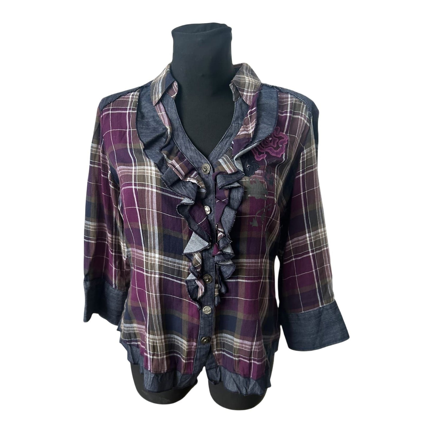Biba Bluse Damen Gr 38 Karo Rüschen Volant 3/4 Arm Baumwollmix Elegant