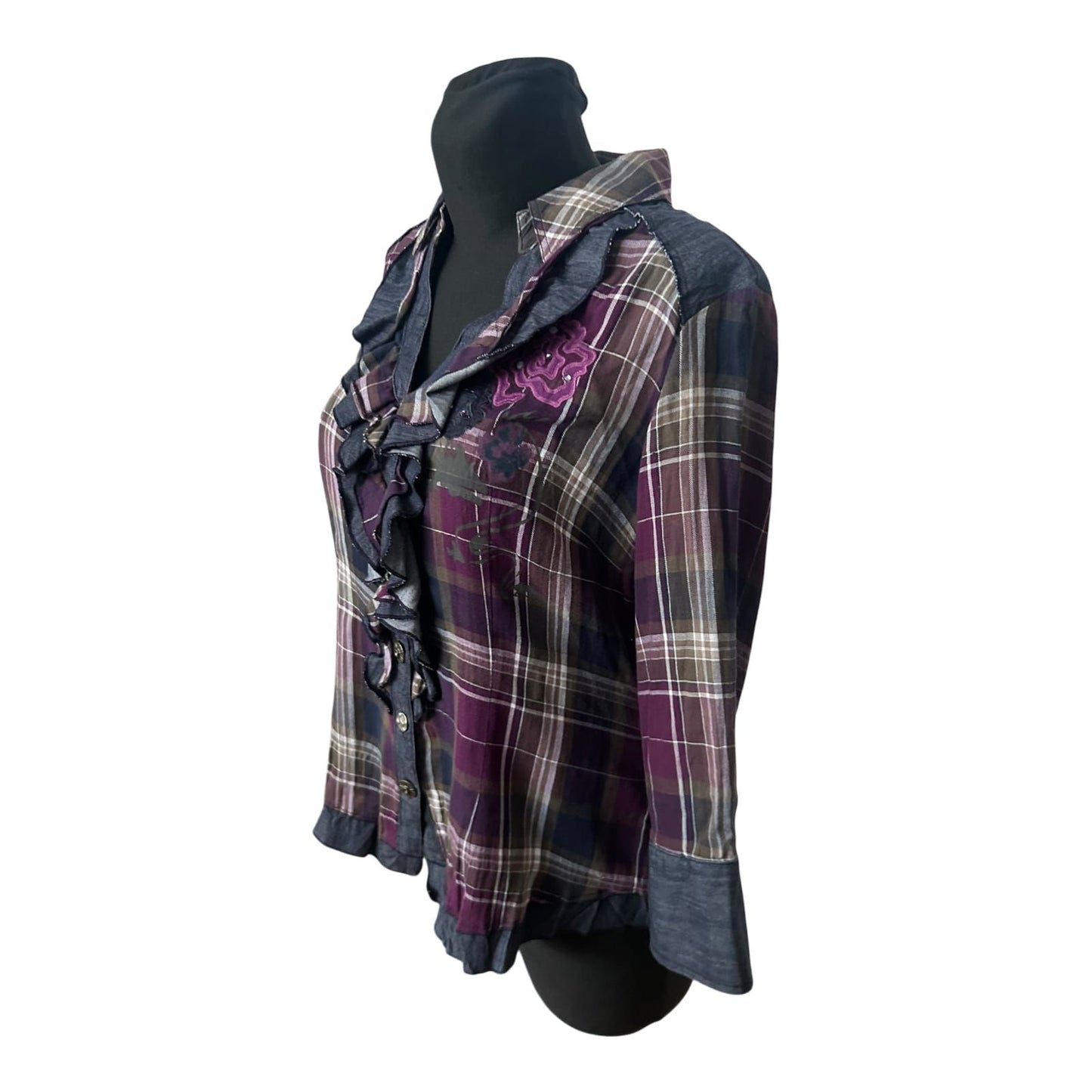 Biba Bluse Damen Gr 38 Karo Rüschen Volant 3/4 Arm Baumwollmix Elegant