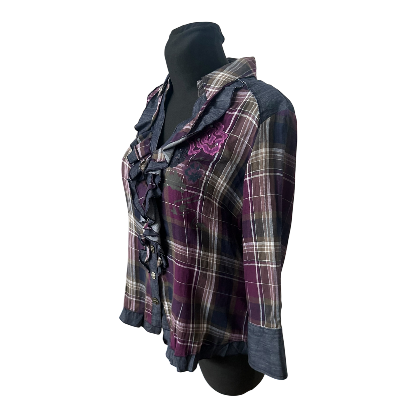 Biba Bluse Damen Gr 38 Karo Rüschen Volant 3/4 Arm Baumwollmix Elegant