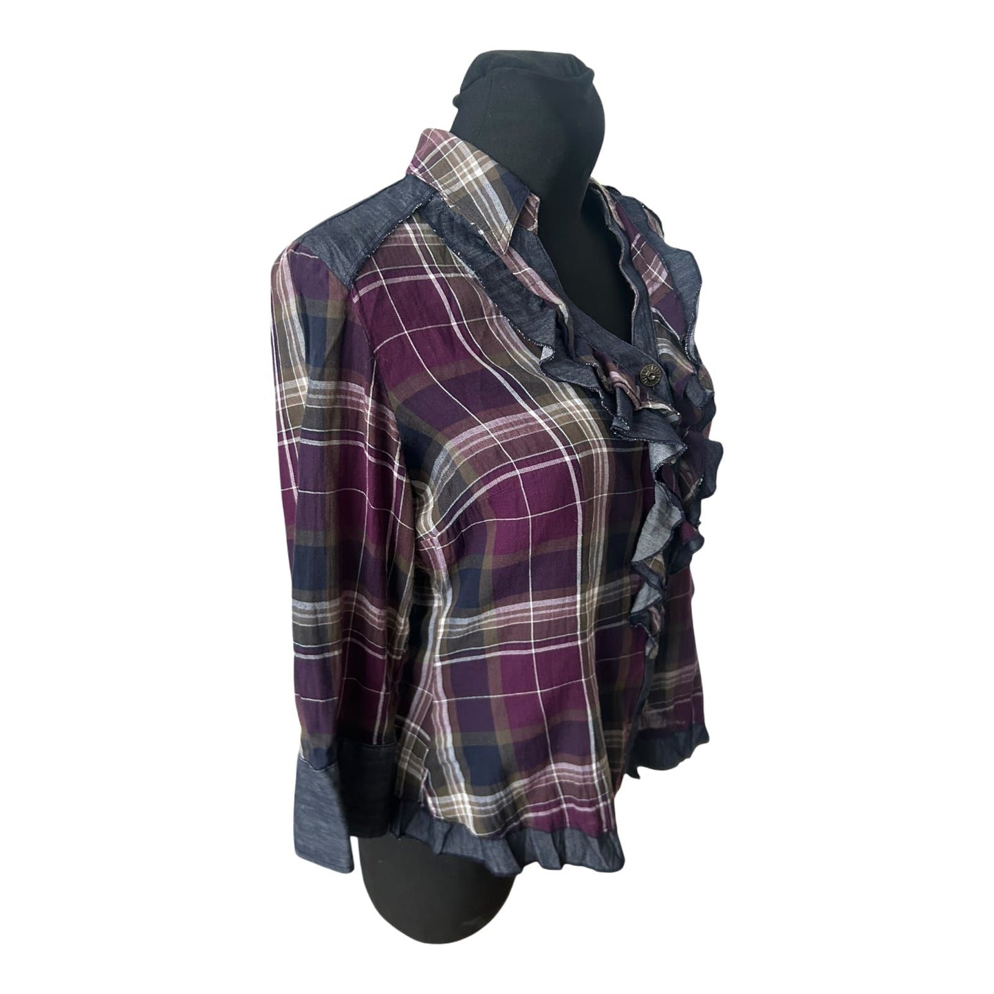 Biba Bluse Damen Gr 38 Karo Rüschen Volant 3/4 Arm Baumwollmix Elegant
