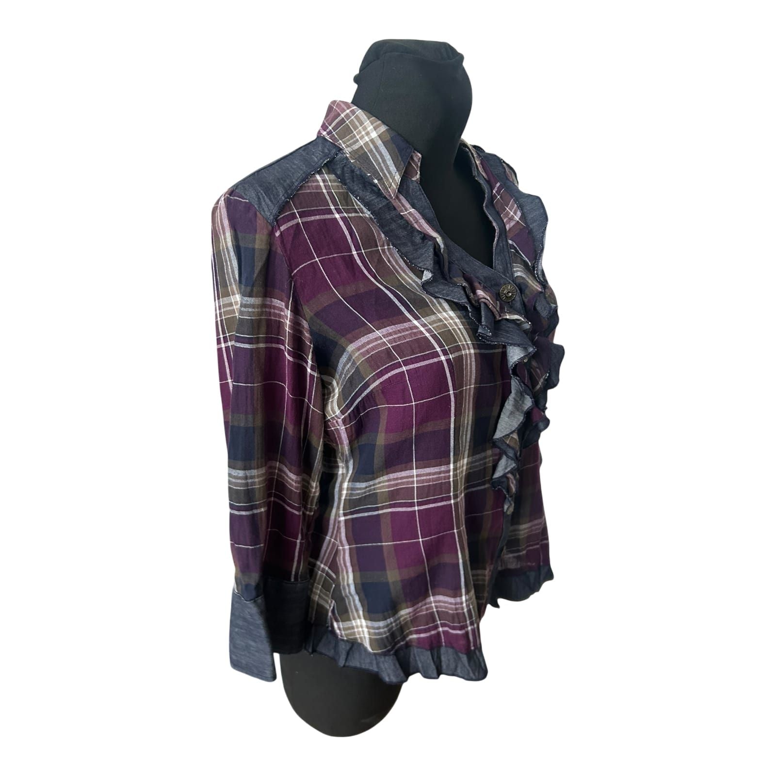 Biba Bluse Damen Gr 38 Karo Rüschen Volant 3/4 Arm Baumwollmix Elegant