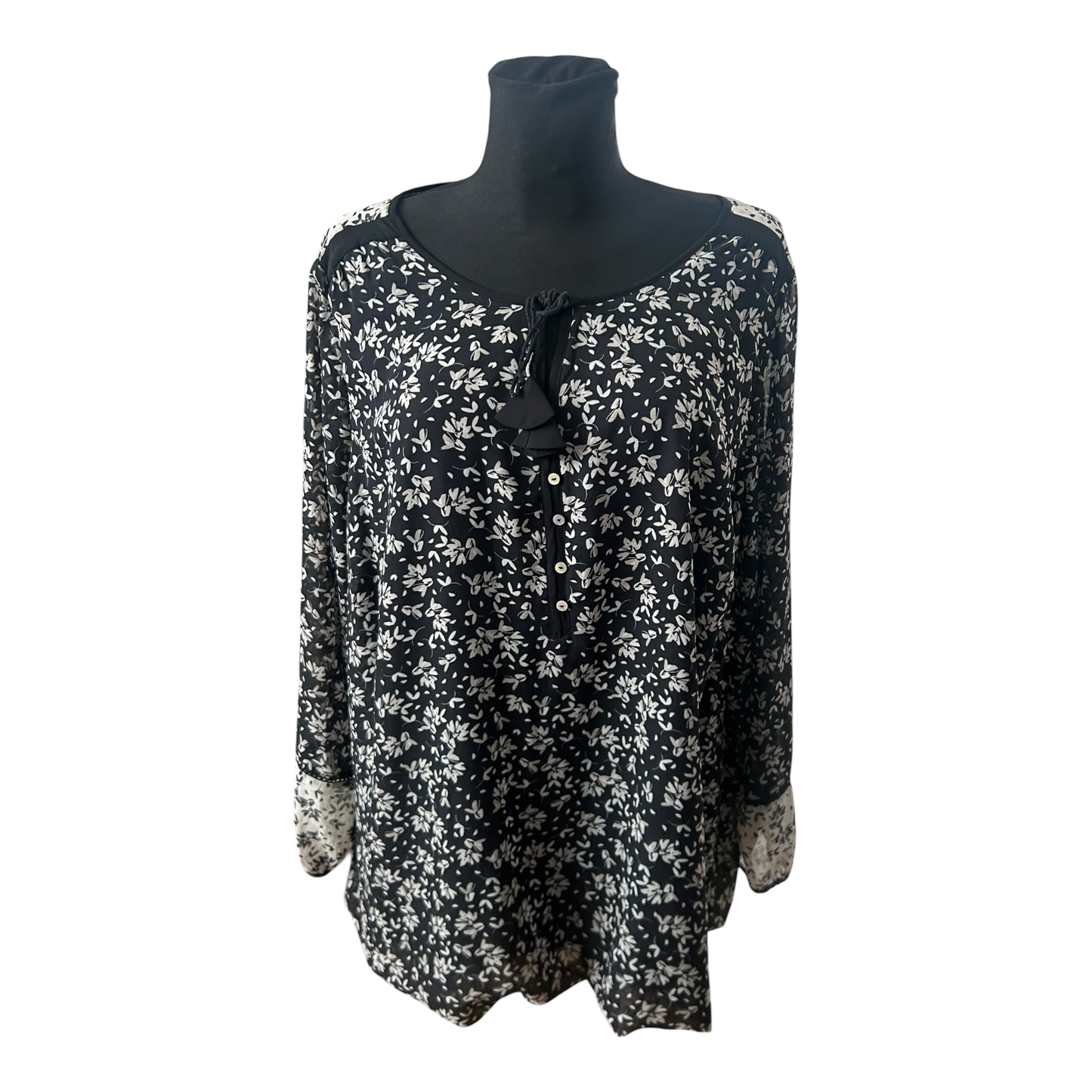 Yessica Damen Bluse Gr 52 Schwarz Weiß Blumen Langarm Viskose Look Elegant