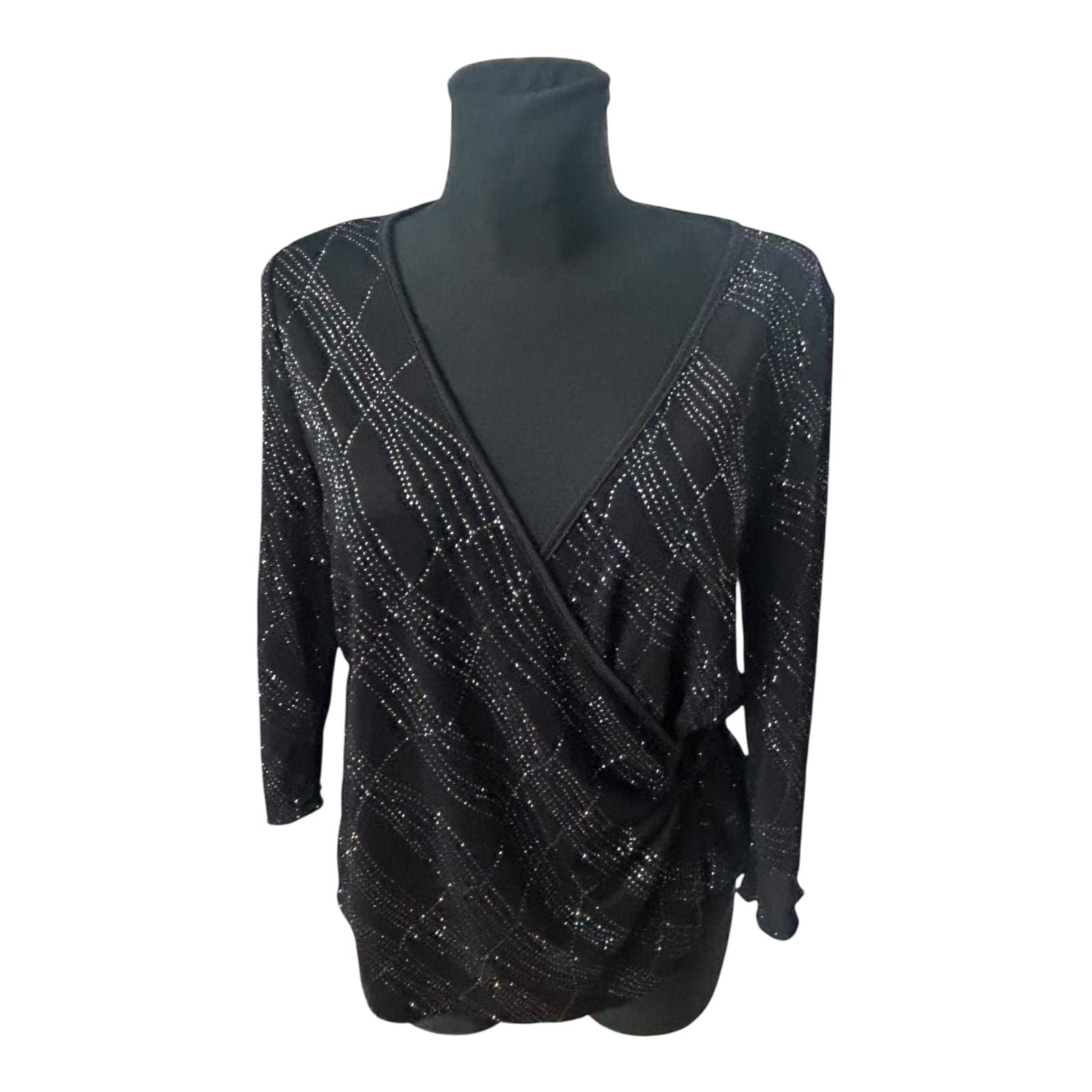 Damen Bluse Elegant Gr 40 Schwarz Silber Glitzer Strass Wickeloptik 3/4 Arm