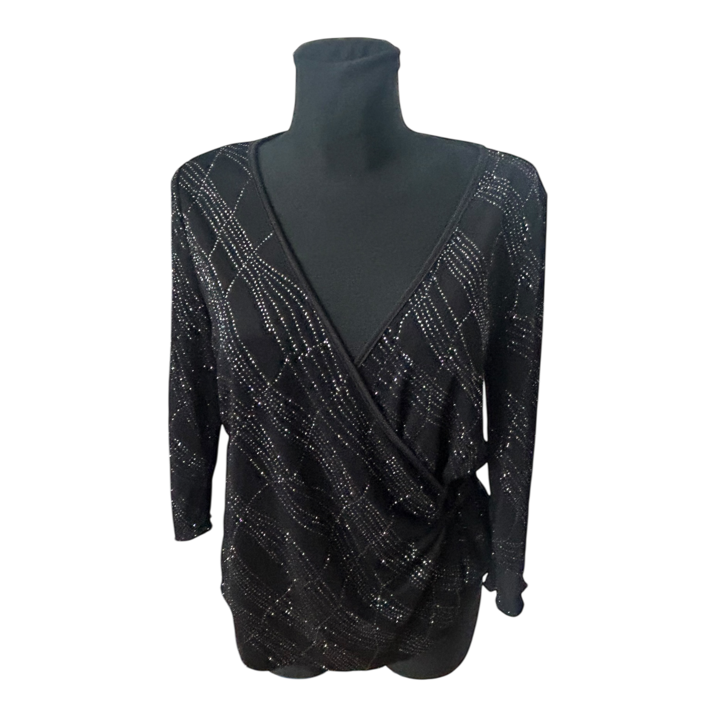Damen Bluse Elegant Gr 40 Schwarz Silber Glitzer Strass Wickeloptik 3/4 Arm