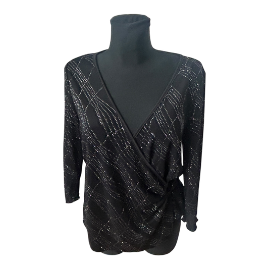 Damen Bluse Elegant Gr 40 Schwarz Silber Glitzer Strass Wickeloptik 3/4 Arm
