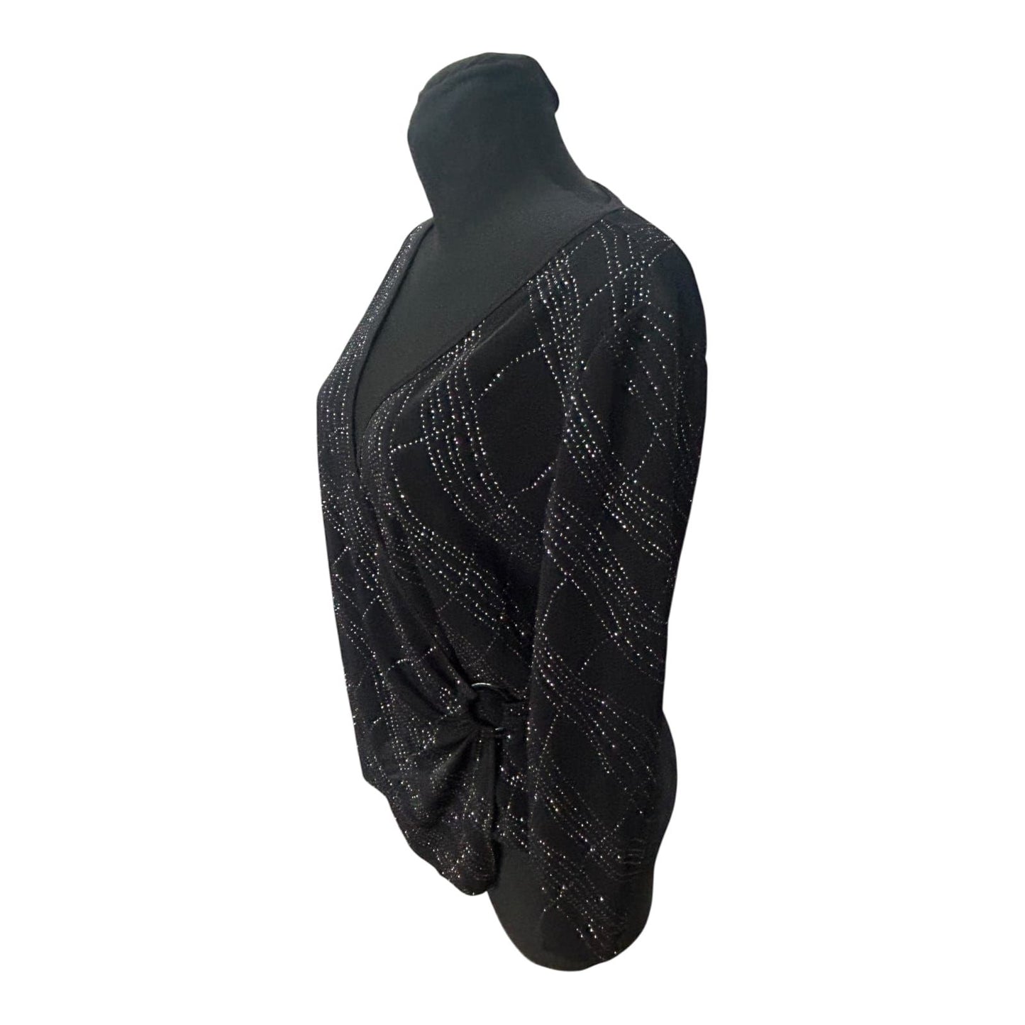 Damen Bluse Elegant Gr 40 Schwarz Silber Glitzer Strass Wickeloptik 3/4 Arm
