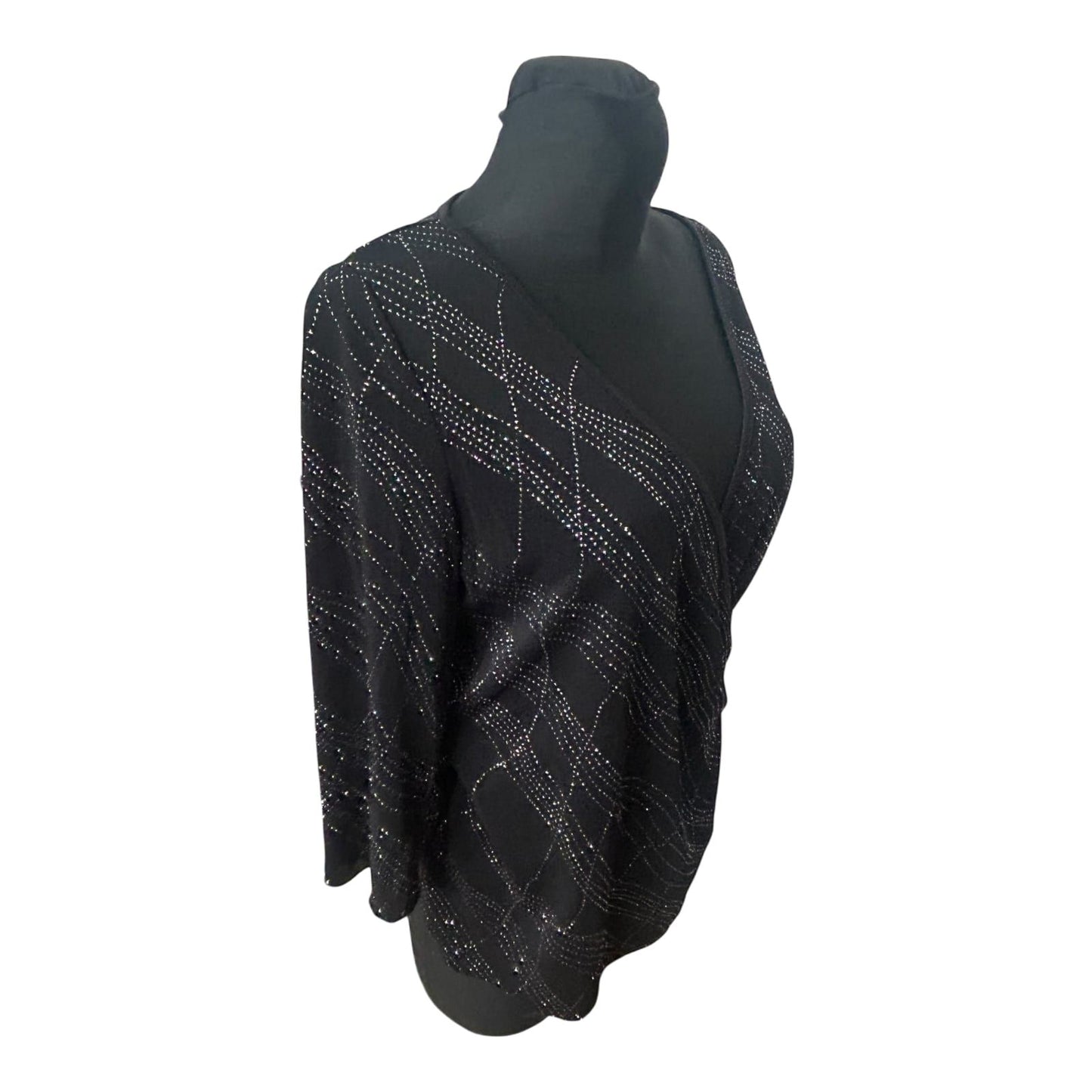 Damen Bluse Elegant Gr 40 Schwarz Silber Glitzer Strass Wickeloptik 3/4 Arm