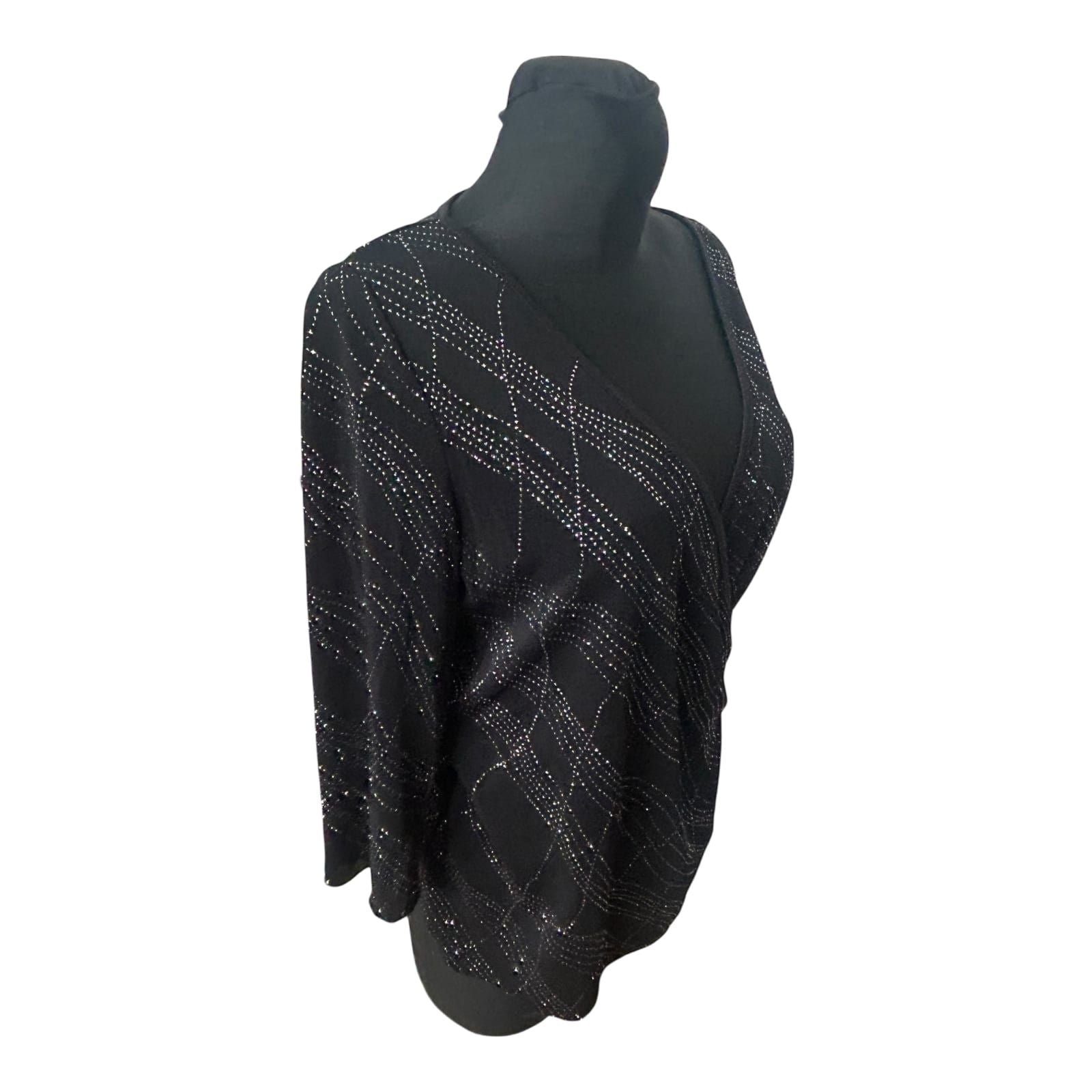Damen Bluse Elegant Gr 40 Schwarz Silber Glitzer Strass Wickeloptik 3/4 Arm