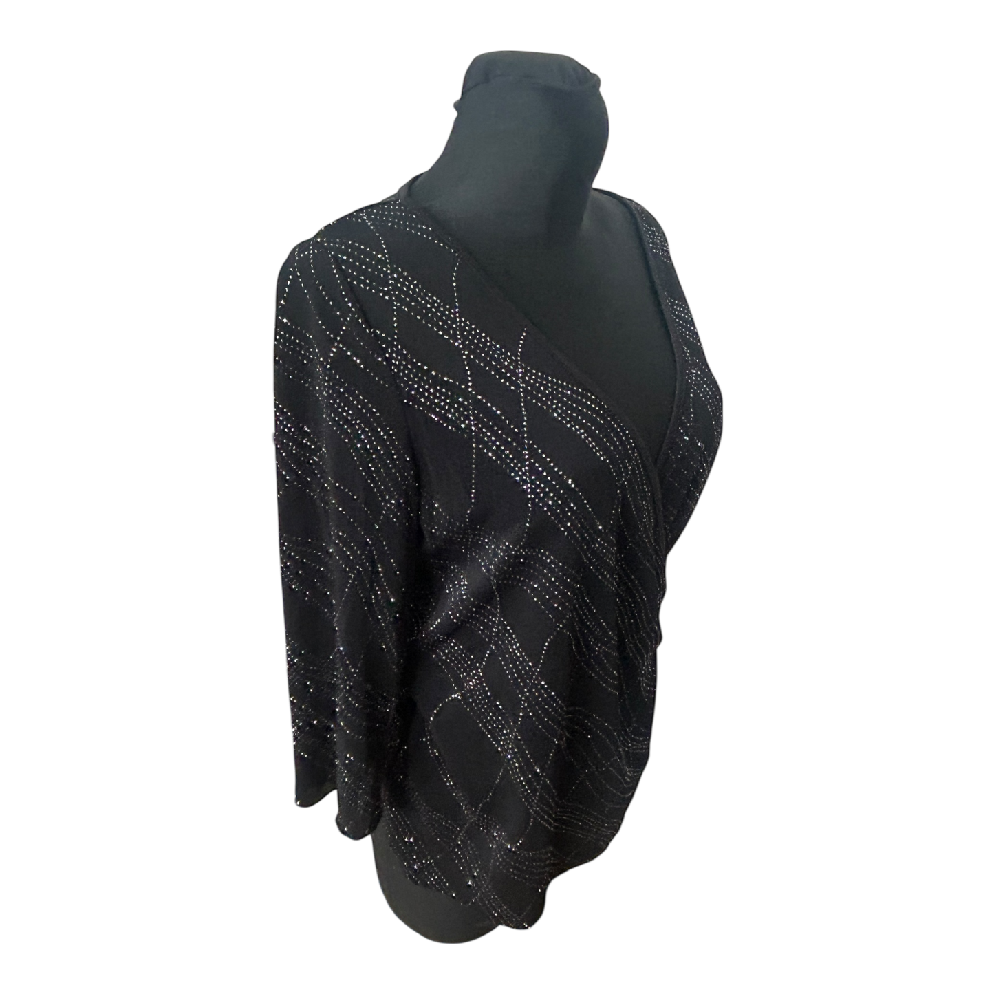 Damen Bluse Elegant Gr 40 Schwarz Silber Glitzer Strass Wickeloptik 3/4 Arm