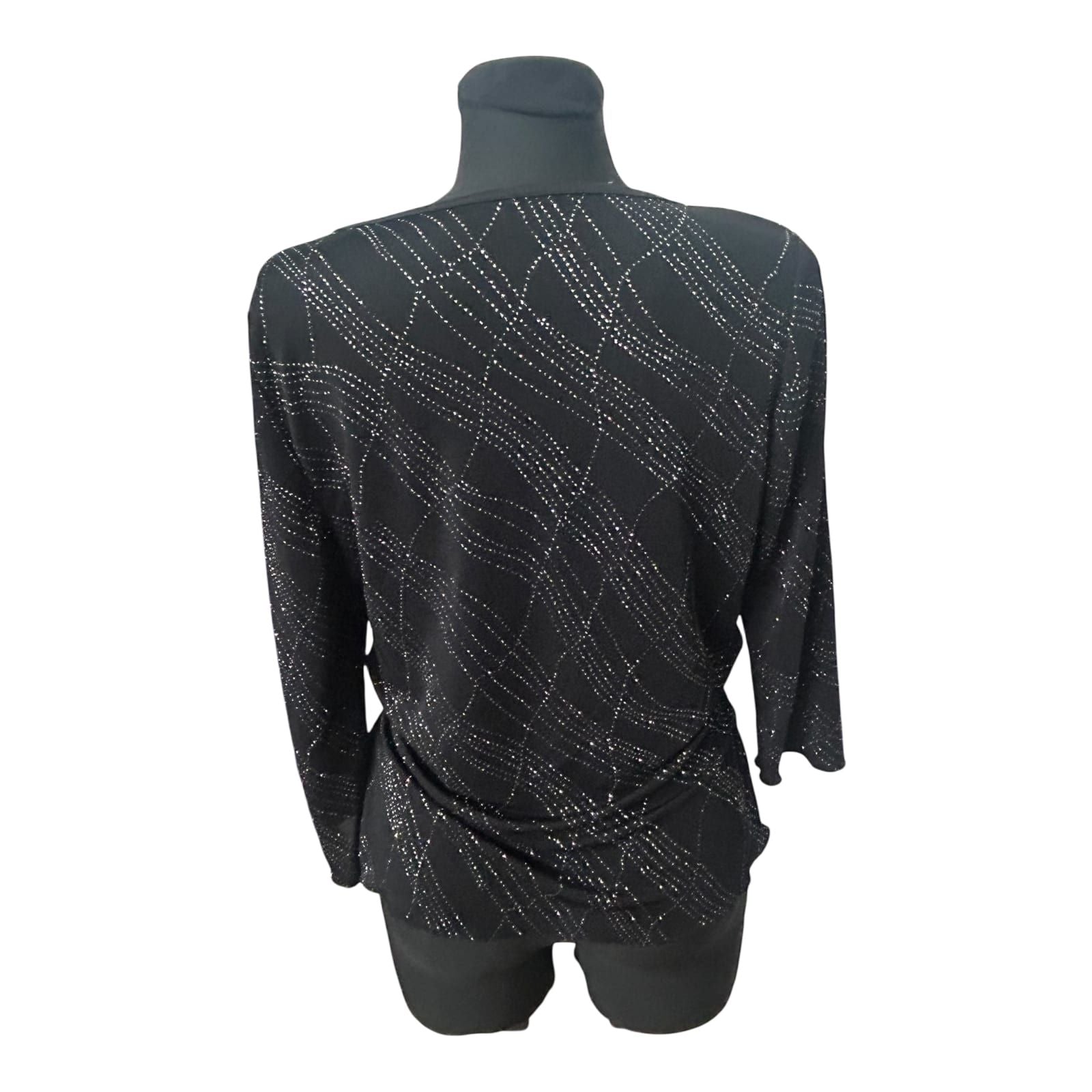 Damen Bluse Elegant Gr 40 Schwarz Silber Glitzer Strass Wickeloptik 3/4 Arm