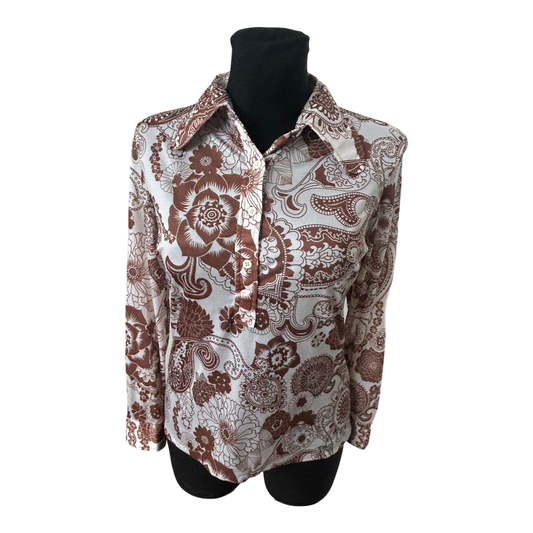 SR Michael Damen Bluse Größe 36 Braun Creme Retro Paisley 70er Stil Stretch