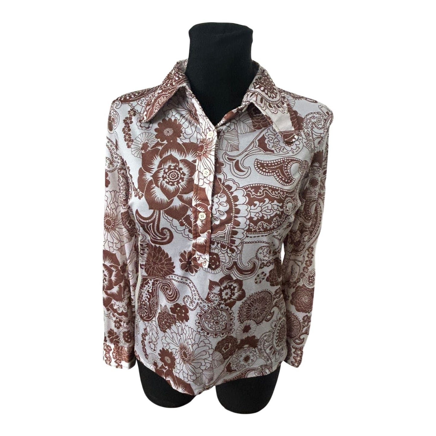 SR Michael Damen Bluse Größe 36 Braun Creme Retro Paisley 70er Stil Stretch