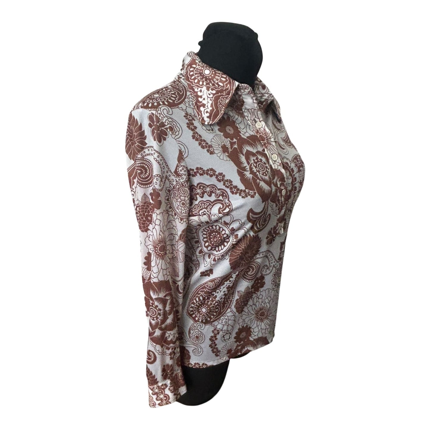 SR Michael Damen Bluse Größe 36 Braun Creme Retro Paisley 70er Stil Stretch