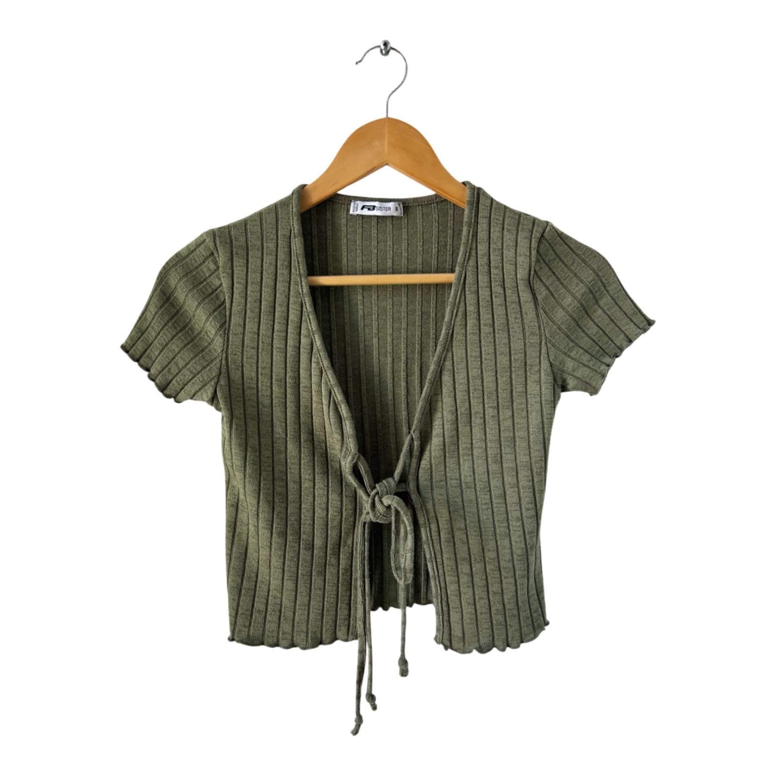 FB Sisters Damen Shirt Top S Khaki Kurzarm V Ausschnitt Frontknoten Gerippt Stretch