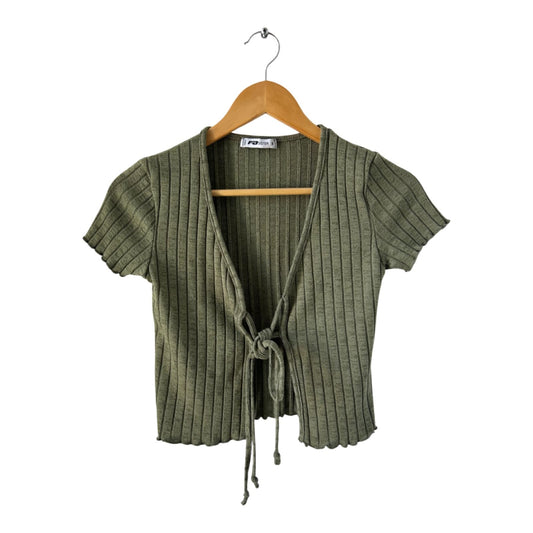 FB Sisters Damen Shirt Top S Khaki Kurzarm V Ausschnitt Frontknoten Gerippt Stretch