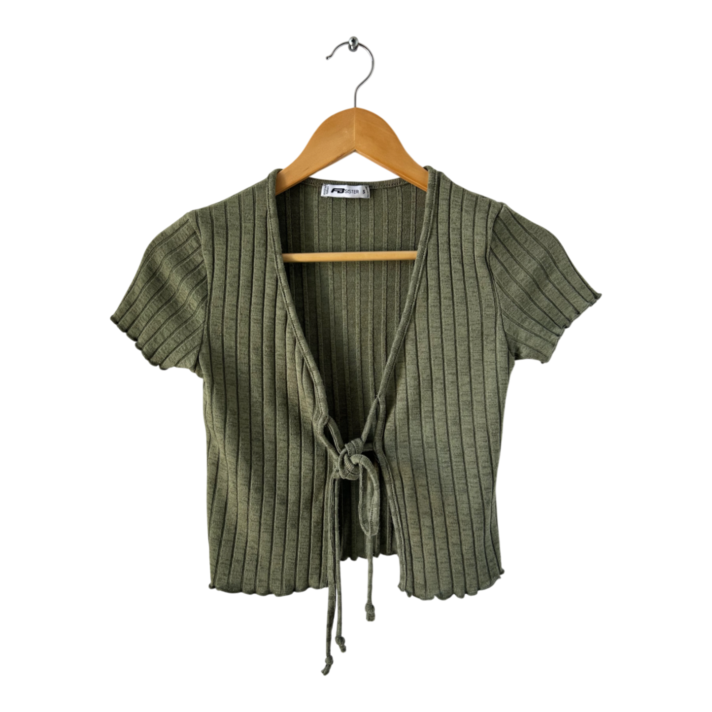 FB Sisters Damen Shirt Top S Khaki Kurzarm V Ausschnitt Frontknoten Gerippt Stretch