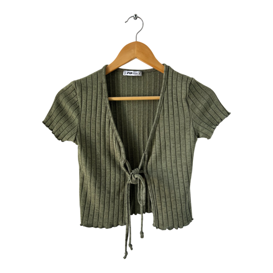 FB Sisters Damen Shirt Top S Khaki Kurzarm V Ausschnitt Frontknoten Gerippt Stretch