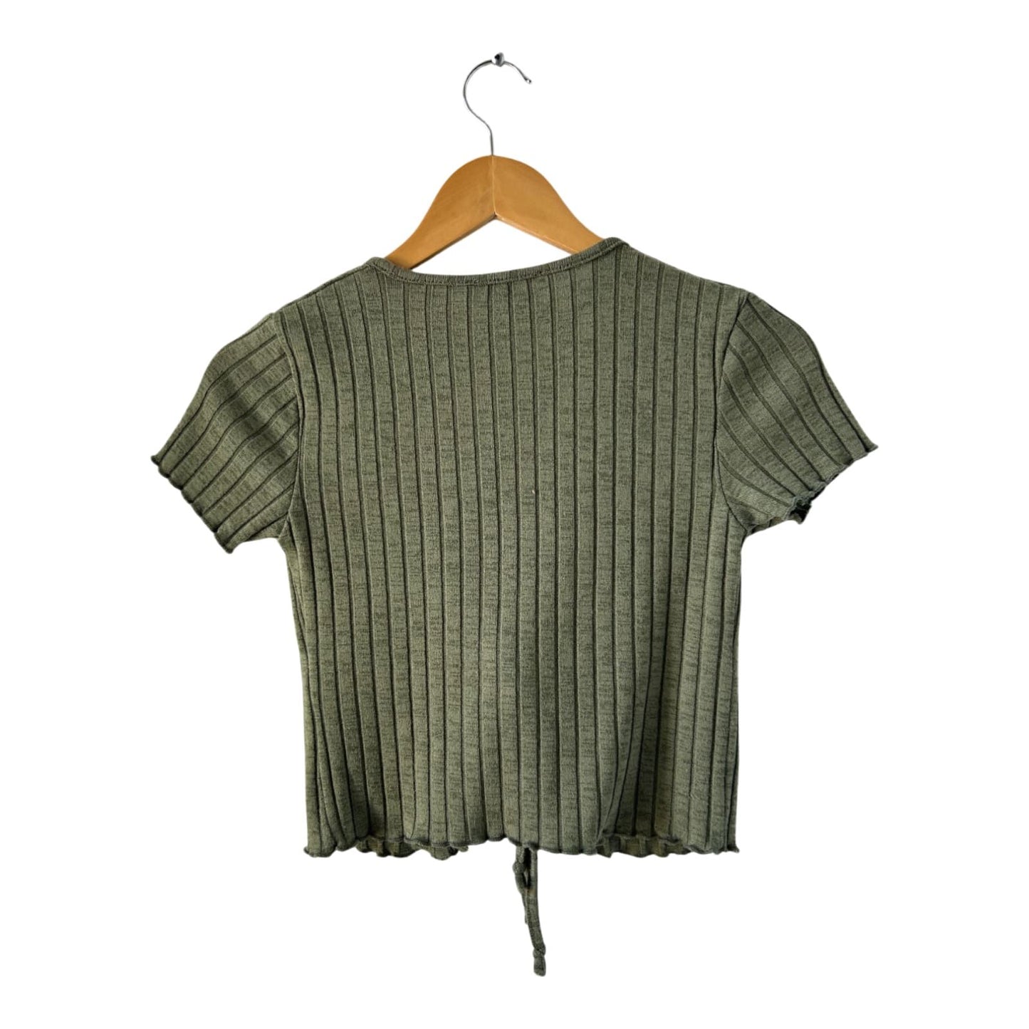 FB Sisters Damen Shirt Top S Khaki Kurzarm V Ausschnitt Frontknoten Gerippt Stretch