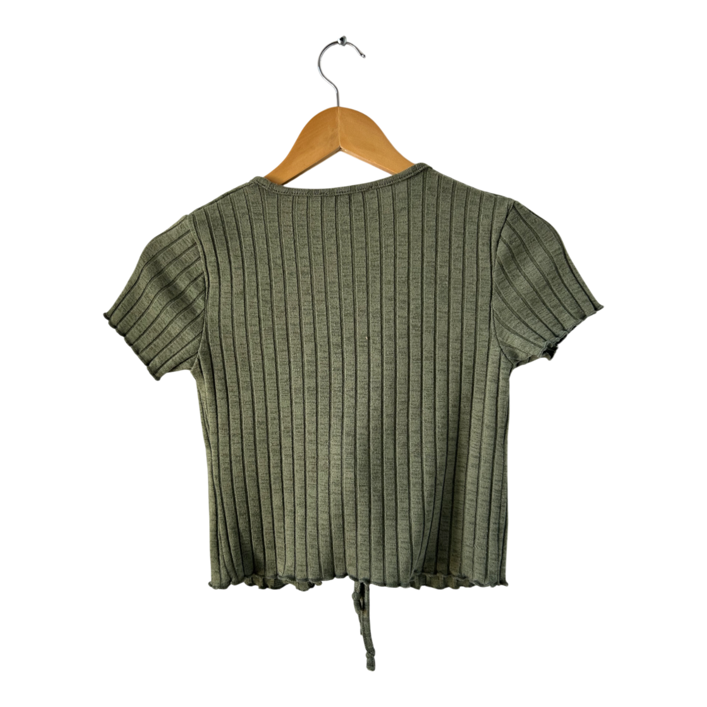 FB Sisters Damen Shirt Top S Khaki Kurzarm V Ausschnitt Frontknoten Gerippt Stretch