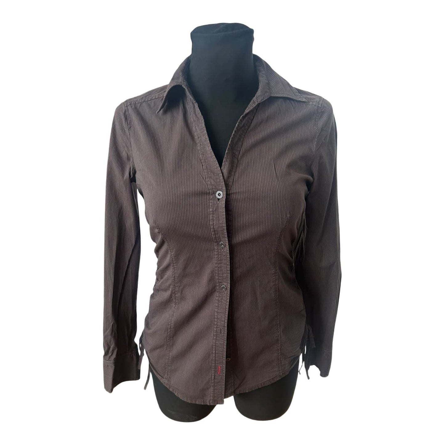 Esprit Damen Bluse Gr 34 Braun Nadelstreifen Langarm Baumwollstretch Casual