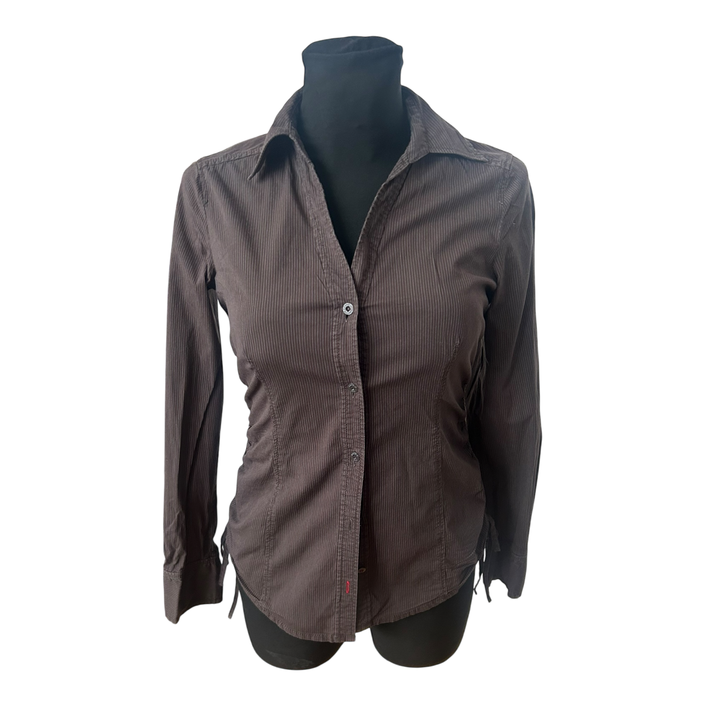 Esprit Damen Bluse Gr 34 Braun Nadelstreifen Langarm Baumwollstretch Casual