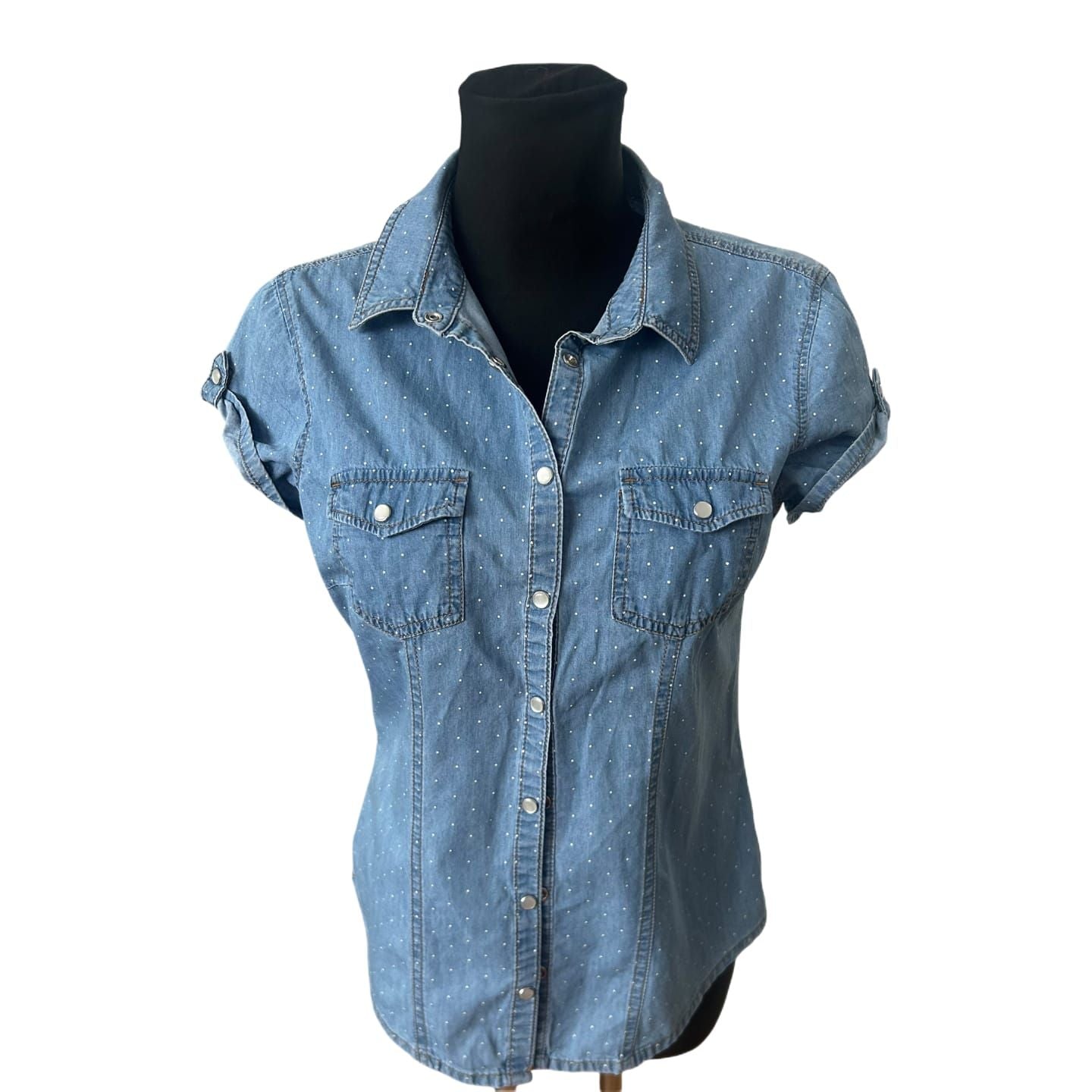 Yessica Damen Jeansbluse Kurzarm Gr 36 Blau Gepunktet Casual Baumwollmix