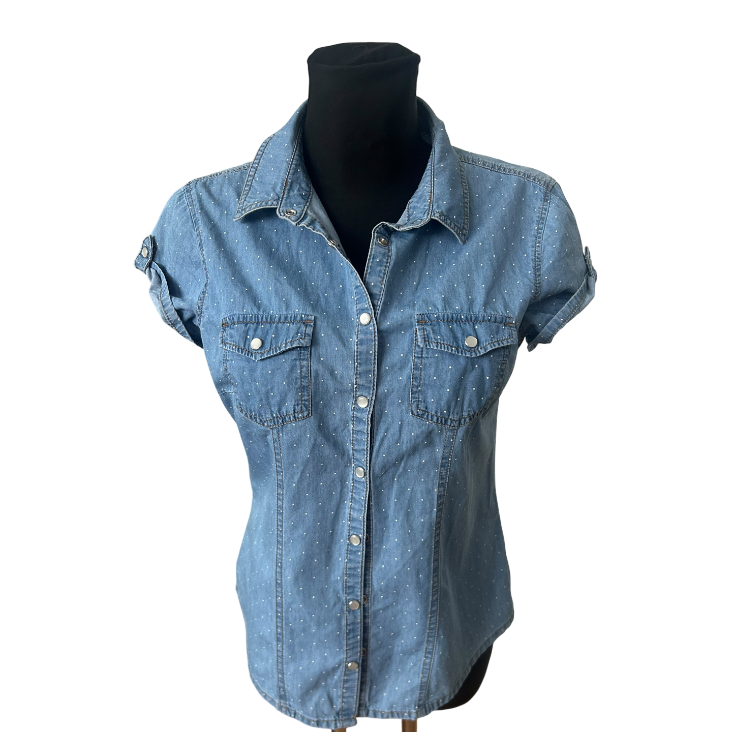 Yessica Damen Jeansbluse Kurzarm Gr 36 Blau Gepunktet Casual Baumwollmix