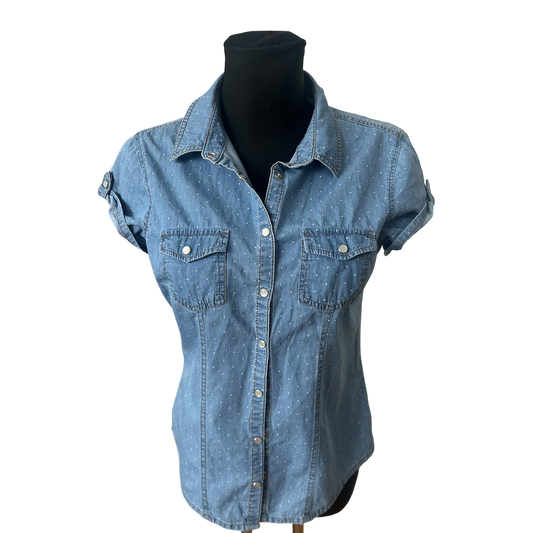 Yessica Damen Jeansbluse Kurzarm Gr 36 Blau Gepunktet Casual Baumwollmix