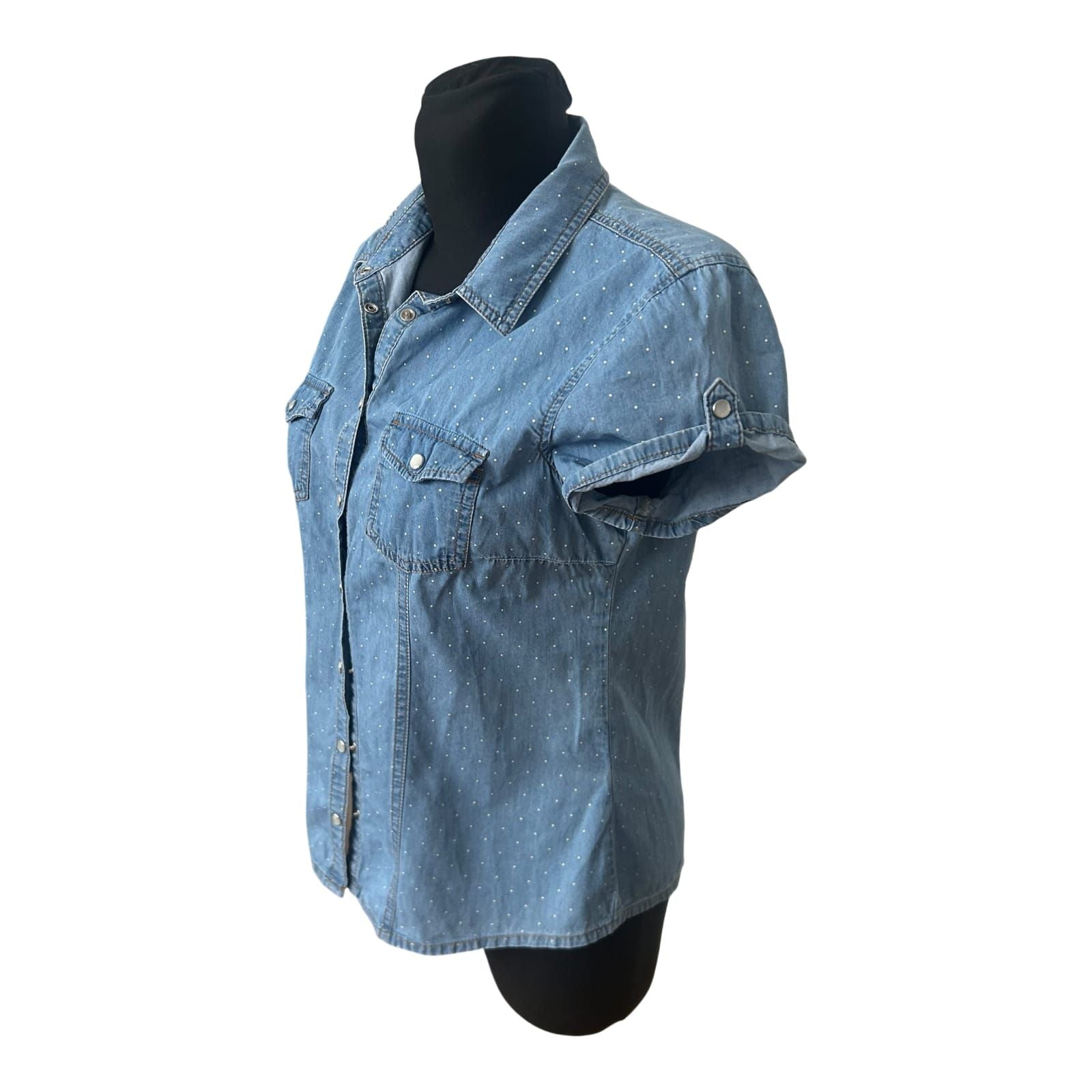 Yessica Damen Jeansbluse Kurzarm Gr 36 Blau Gepunktet Casual Baumwollmix