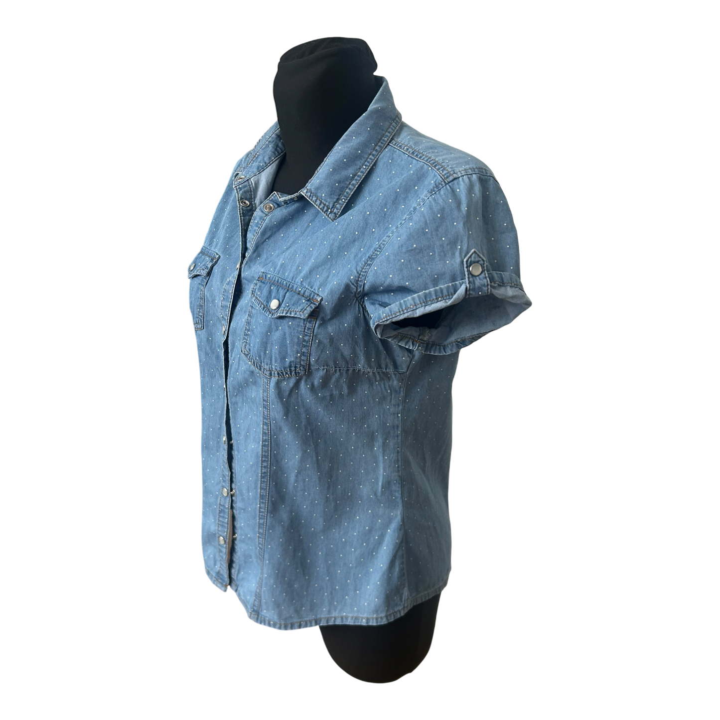 Yessica Damen Jeansbluse Kurzarm Gr 36 Blau Gepunktet Casual Baumwollmix