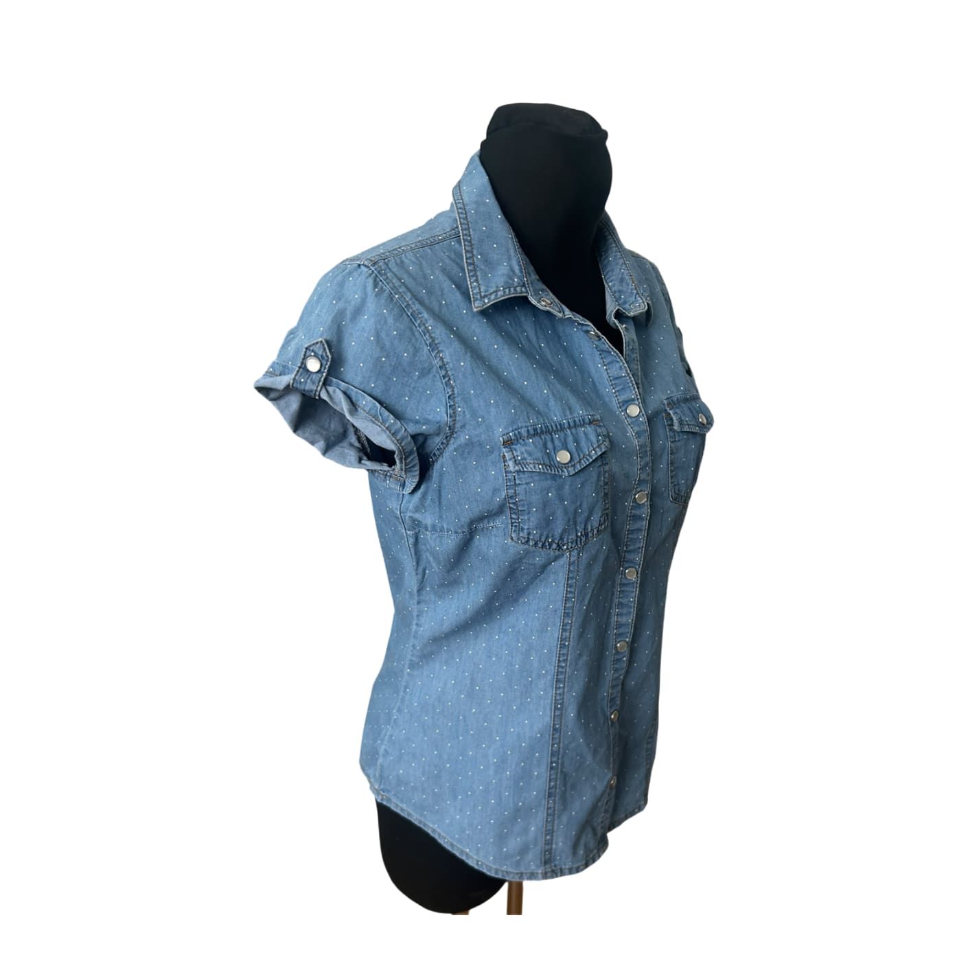 Yessica Damen Jeansbluse Kurzarm Gr 36 Blau Gepunktet Casual Baumwollmix