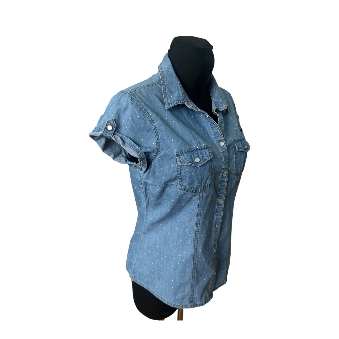 Yessica Damen Jeansbluse Kurzarm Gr 36 Blau Gepunktet Casual Baumwollmix