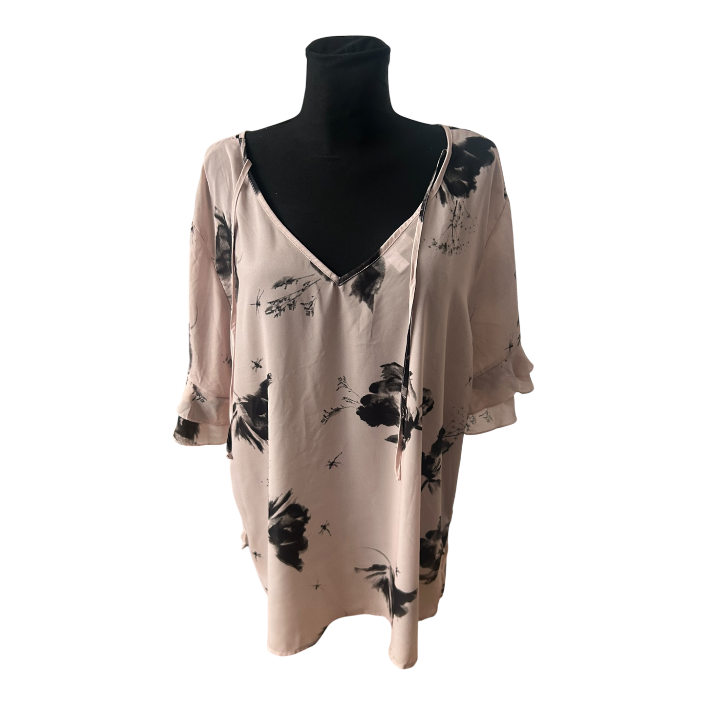 Bonprix Damen Bluse Größe 54 Rosé Schwarz Muster V-Ausschnitt 3/4-Arm