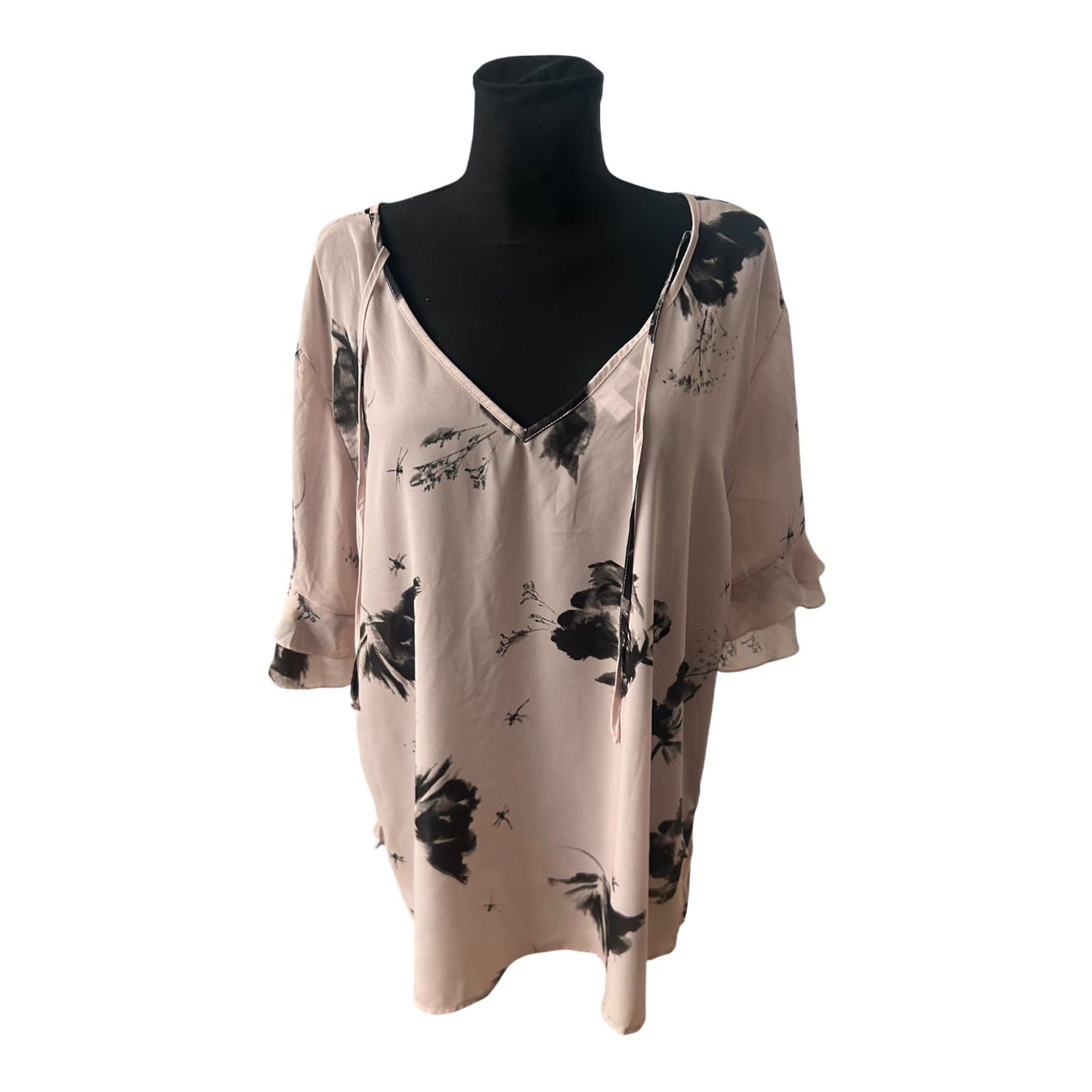 Bonprix Damen Bluse Größe 54 Rosé Schwarz Muster V-Ausschnitt 3/4-Arm