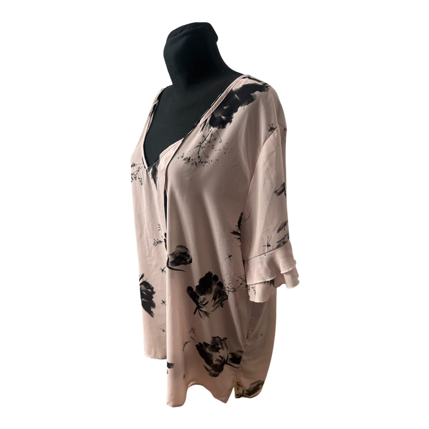 Bonprix Damen Bluse Größe 54 Rosé Schwarz Muster V-Ausschnitt 3/4-Arm