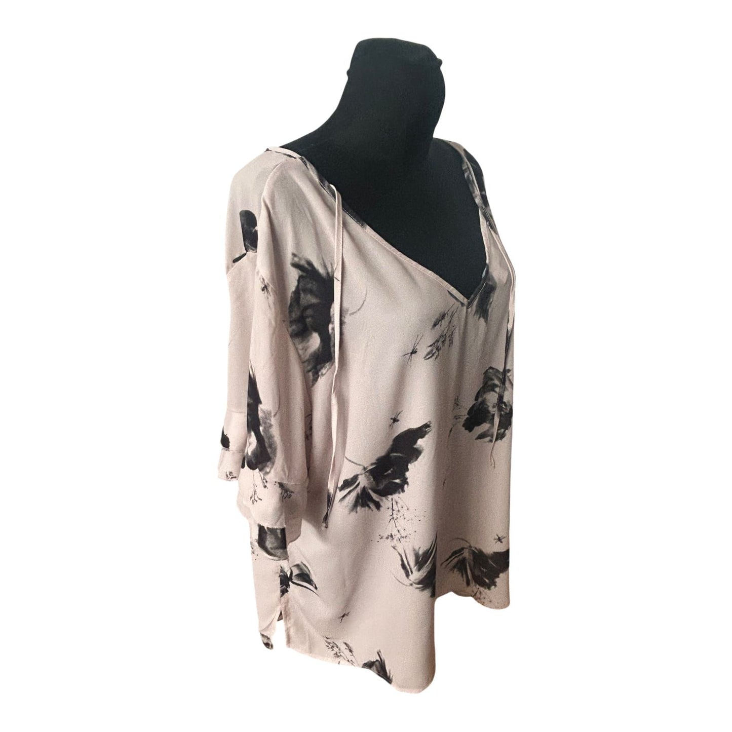 Bonprix Damen Bluse Größe 54 Rosé Schwarz Muster V-Ausschnitt 3/4-Arm