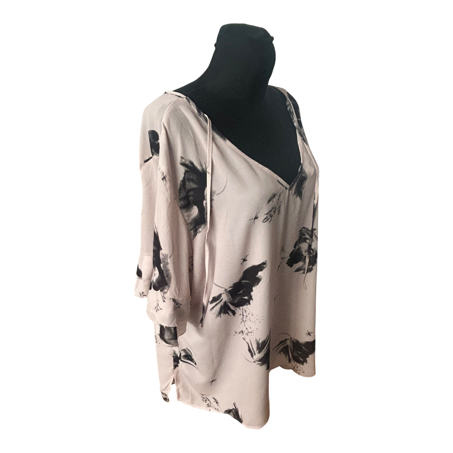 Bonprix Damen Bluse Größe 54 Rosé Schwarz Muster V-Ausschnitt 3/4-Arm