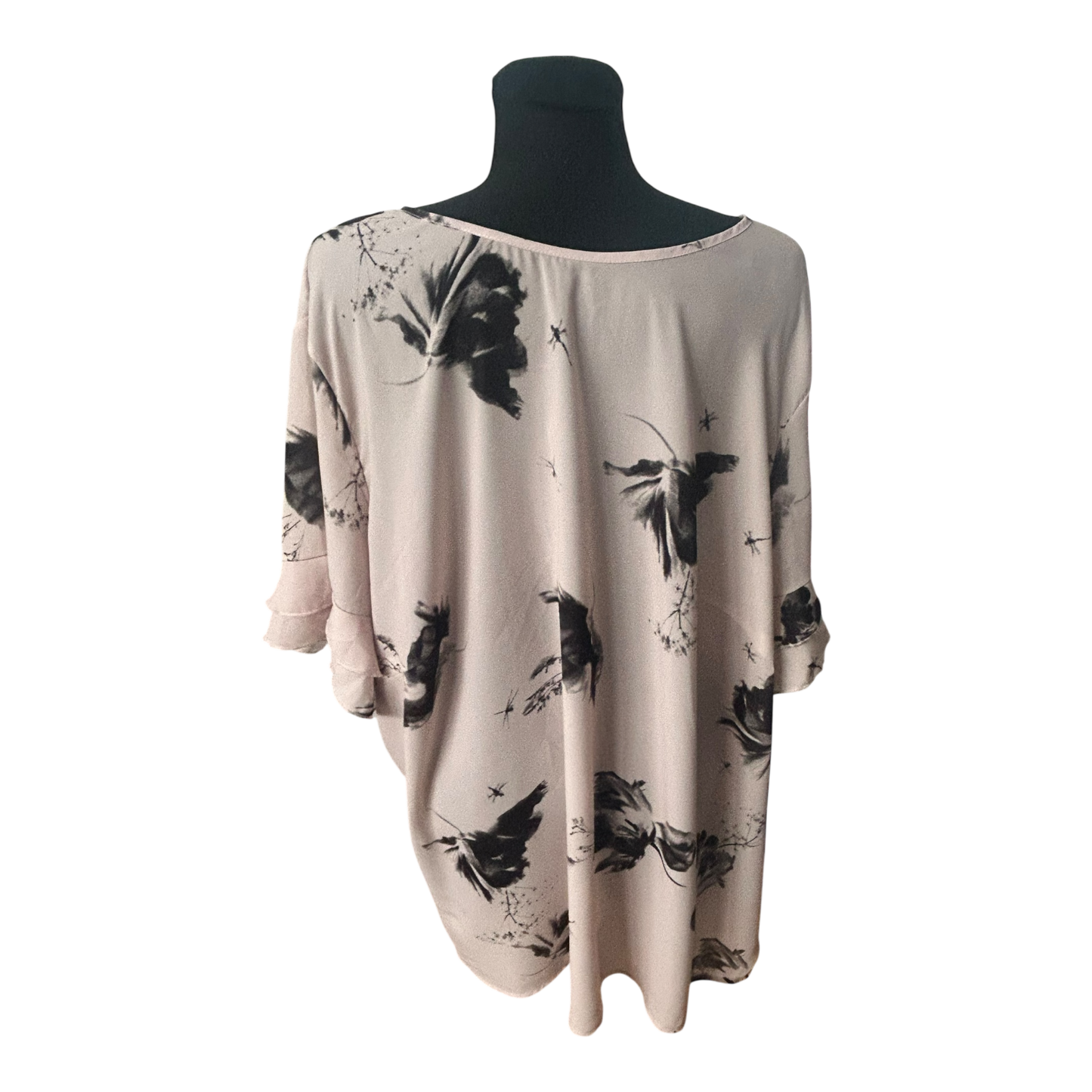 Bonprix Damen Bluse Größe 54 Rosé Schwarz Muster V-Ausschnitt 3/4-Arm