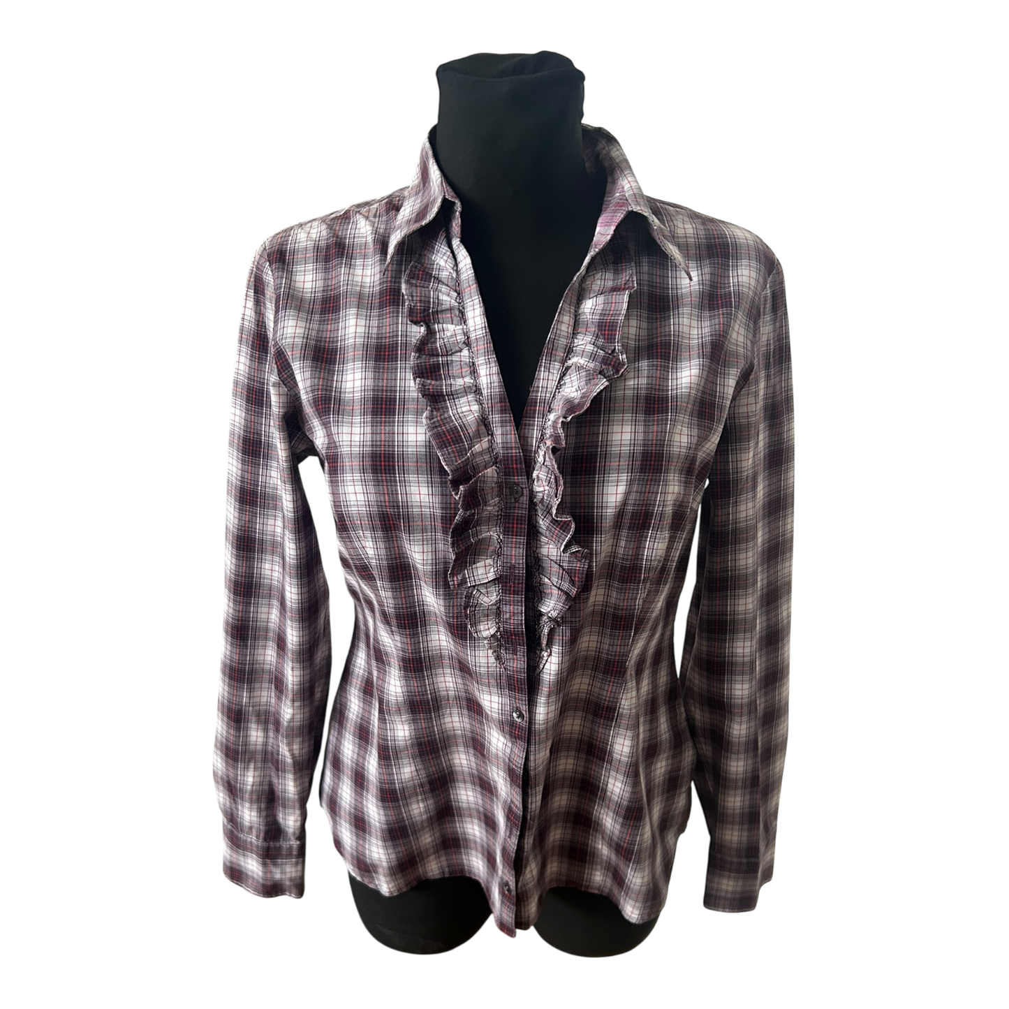 Mexx Damen Bluse Gr 42 Karo Rüschen Langarm Casual Baumwollmix