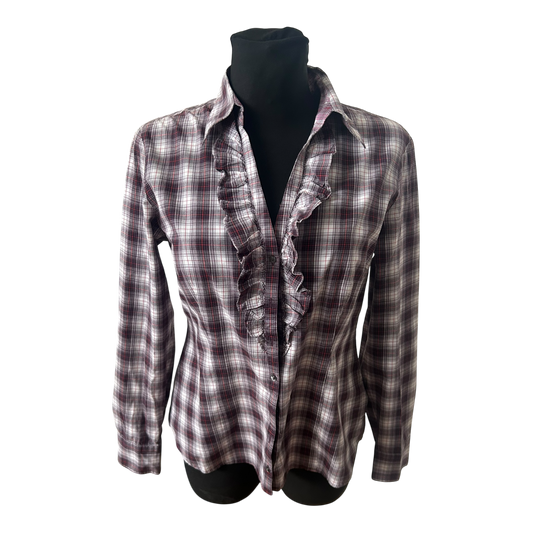 Mexx Damen Bluse Gr 42 Karo Rüschen Langarm Casual Baumwollmix