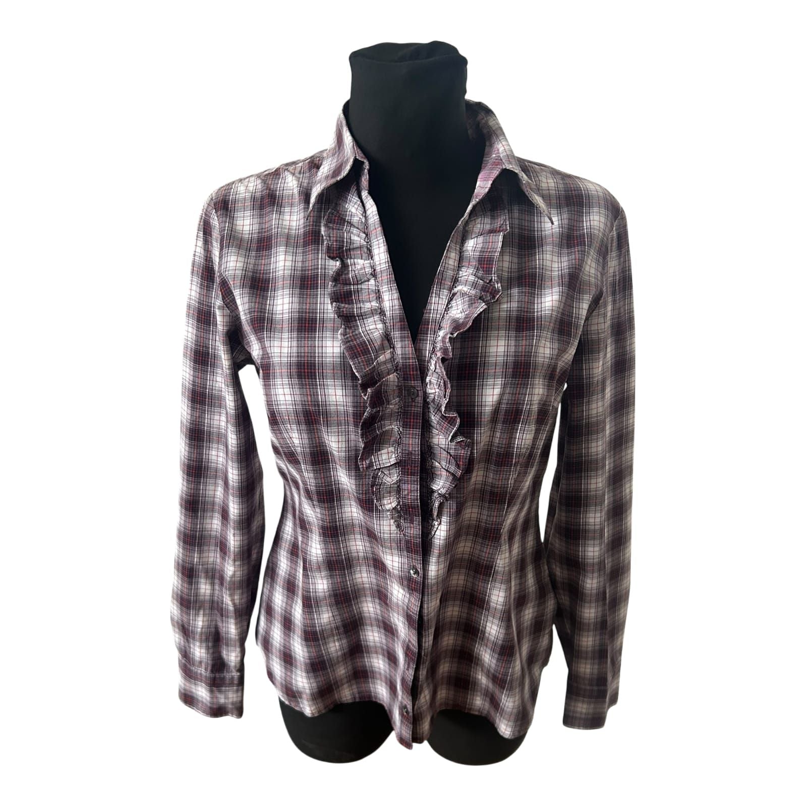 Mexx Damen Bluse Gr 42 Karo Rüschen Langarm Casual Baumwollmix