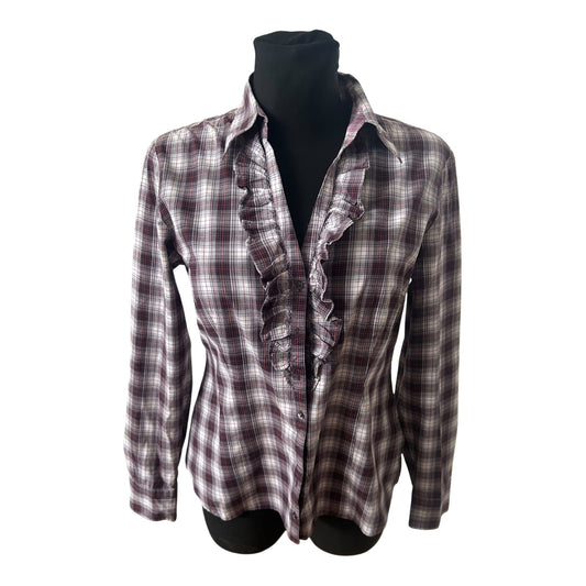 Mexx Damen Bluse Gr 42 Karo Rüschen Langarm Casual Baumwollmix